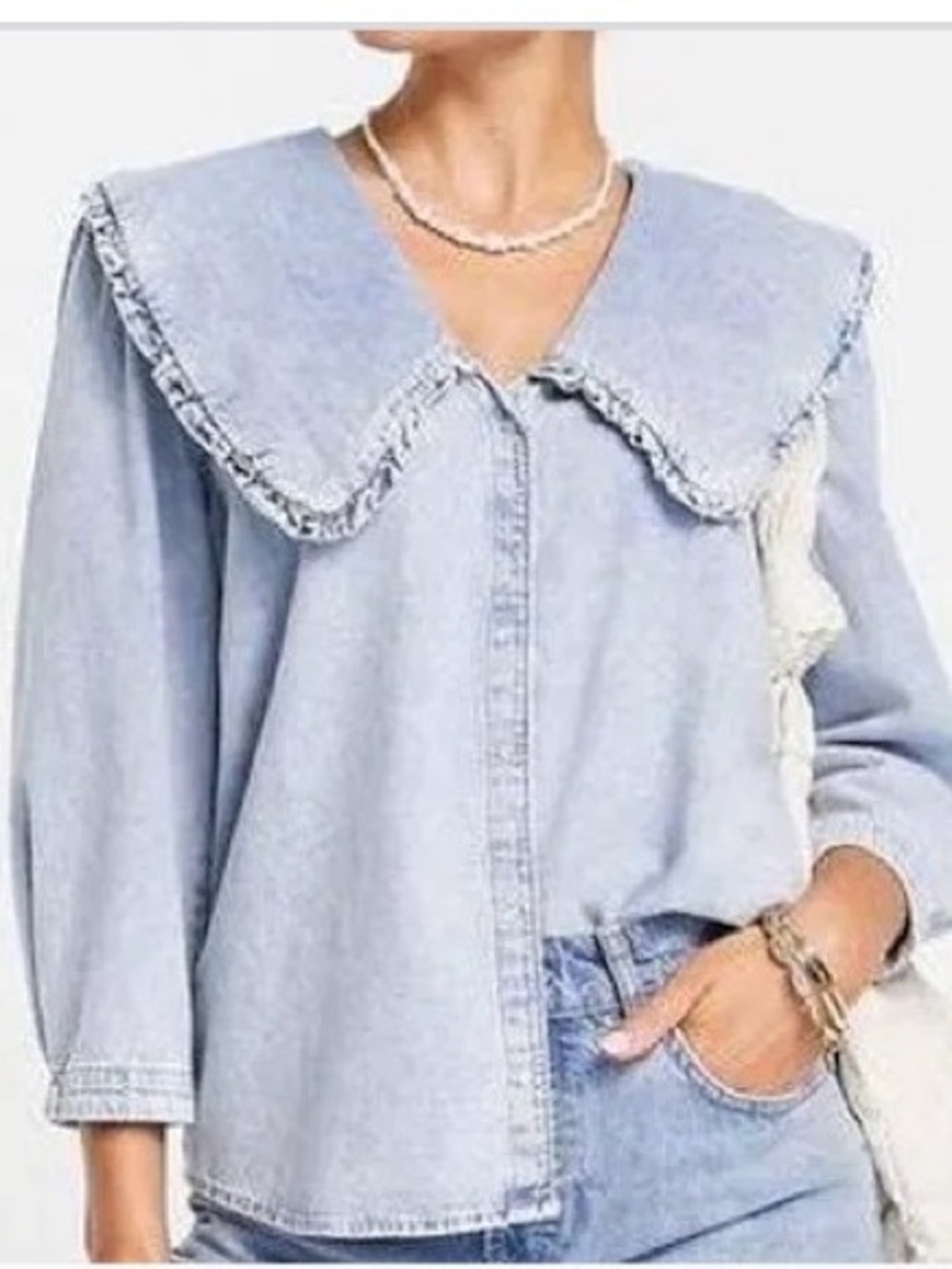 Light Blue Denim Button-Down Top with Oversized Frill Collar